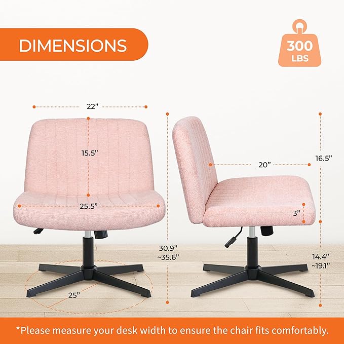 NEO Chair Criss Cross Chair No Wheel Vanity Desk Chair Wide Armless Cross Legged Office Comfy Makeup Adjustable Computer Task for Home Office Fabric (Pink)