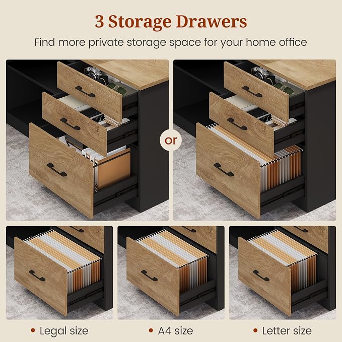 UPOSOJA 71" Executive Desk, Large Office Desk with Drawers & Storage Shelves, Modern L Shaped Computer Desk Corner Desk with Power Outlets, File Cabinet, Business Furniture Desk Workstation (Oak)
