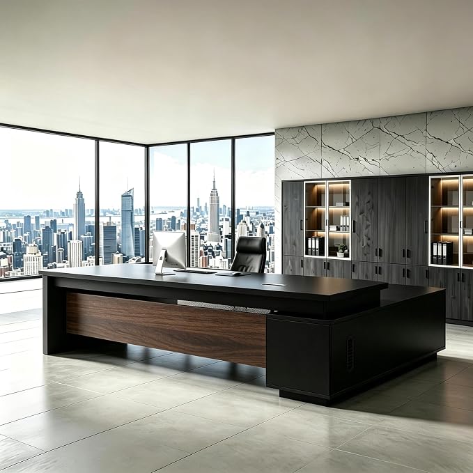 L Shaped Executive Desk with Drawers, Modern Large Wood Home Office Desk, Computer Desk with Storage for Boss Office Workstation