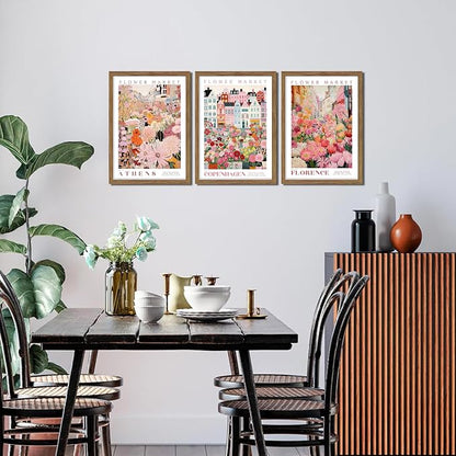 Floral Wall Art Set of 3, Colorful Flower Market Canvas Wall Decor Paintings, Pink Wildflower Botanical Posters Prints Pictures Artwork for Bedroom Living Room 12x16 Inch Wood Framed