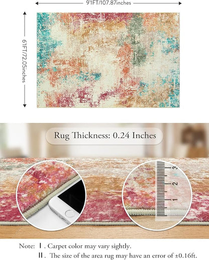 Lahome Abstract 6x9 Area Rugs for Living Room, Machine Washable Ultra Thin Bedroom Rug Stain Resistant, Low-Pile Soft Indoor Modern Colorful Large Throw Carpet for Office Dining Room