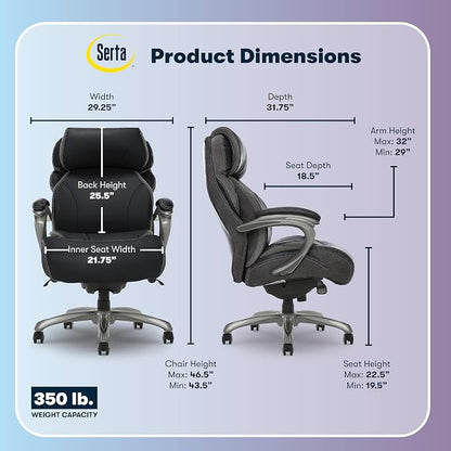Serta Jackson Big and Tall Executive Home Office Chair with Smart Layers Technology, Wide Seat Cushion, Modern Comfy DeskChairs with Rolling Swivel Wheels, Bonded Leather, Black