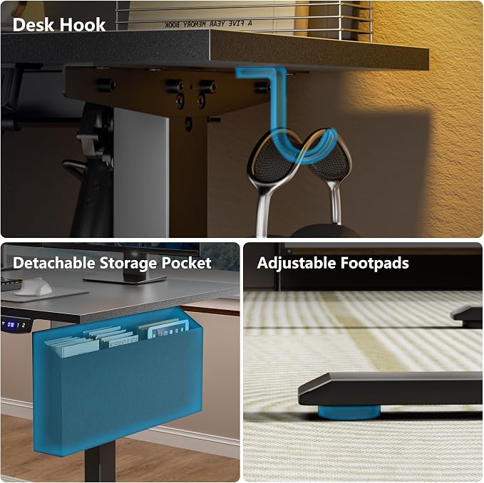 63” L Shaped Electric Standing Desk, Height Adjustable Computer Desk with LED Screen & Memory Presets, Ergonomic Sit to Stand Desk with Headphone Hook for Home, Office and Workstation, Dark Black