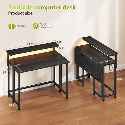 DurayLoly Folding Table with RGB Light for Small Space, 31.5" Folding Computer Desk for Space Saving Sofa Table for Couch, Home Work Office Desk with Monitor Stand, Easy to Fold with Hooks,Black