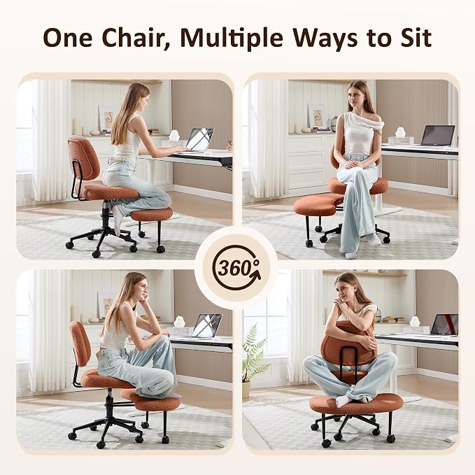 Criss Cross Chair Armless Office Chair for Cross Legged Sitting, 300lb Heavy Duty Ergonomic Desk Chair for ADHD, Adjustable Meditation Yoga Kneeling Chair with Brake Wheels for Home Office (Brown)