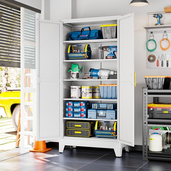 White Metal Storage Cabinet,75" Steel Cabinets for Home Office, Kitchen Pantry Storage Cabinet with Doors and 5 Adjustable Shelves, Tool Cabinets, for Office, Home, Garage, School, 36" W