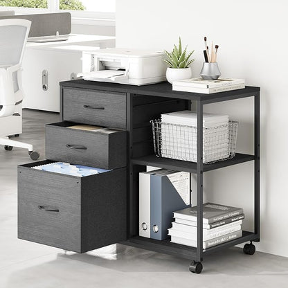 VINGLI 3 Drawer File Cabinet with Wheels Under Desk Printer Stand, Rolling File Cabinet with Shelves Adjustable, Mobile Lateral Filing Cabinet for Home Office, Fits Letter Size, Black