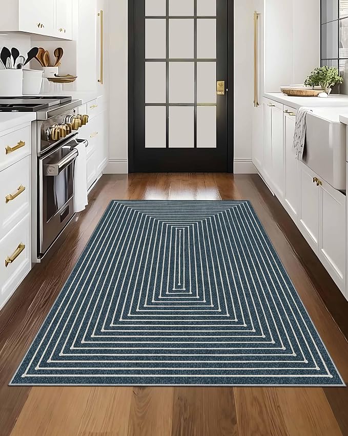 Latte&Fog 3x5 Entryway Rug Indoor, Modern Abstract Washable Area Rug, Boho Non Slip Low Pile Throw Carpet for Indoor Bedroom Bedside, Kitchen, Entry and Living Room - Blue