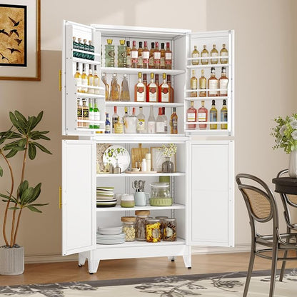 GAIOUS 74.8" Tall Metal Food Cabinet, White Kitchen Pantry Cabinet, Storage Cabinets with 4 Door and 4 Adjustable Shelves, Steel Freestanding Cupboard for Kitchen Dining Room Living Room Bathroom