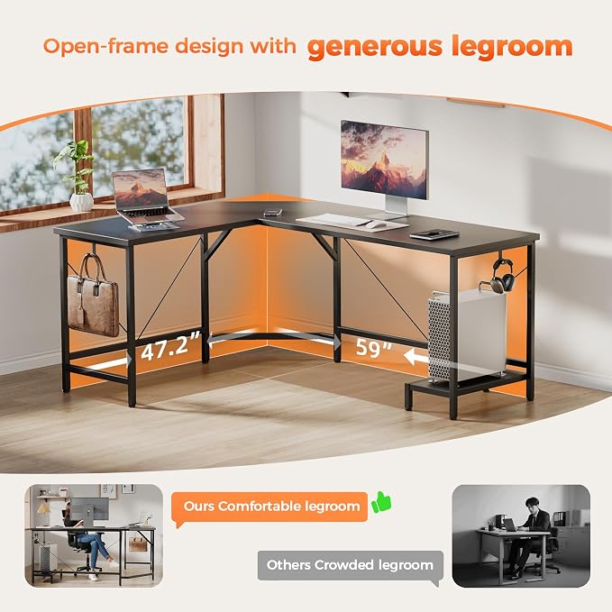 Mericonia 59 inch Large L Shaped Desk, Simple Corner Gaming Desk with CPU Stand & Hooks, Computer Desk for Home, Bedroom & Office Workspacee, Black