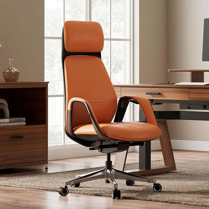 EUREKA ERGONOMIC Serene Executive Office Chair, Premium Nappa Leather High Back Boss Chair with Aluminum Base, Ergonomic Chair with Lumbar Support & Recline, Heavy Duty for Long-Hour Comfort, Orange