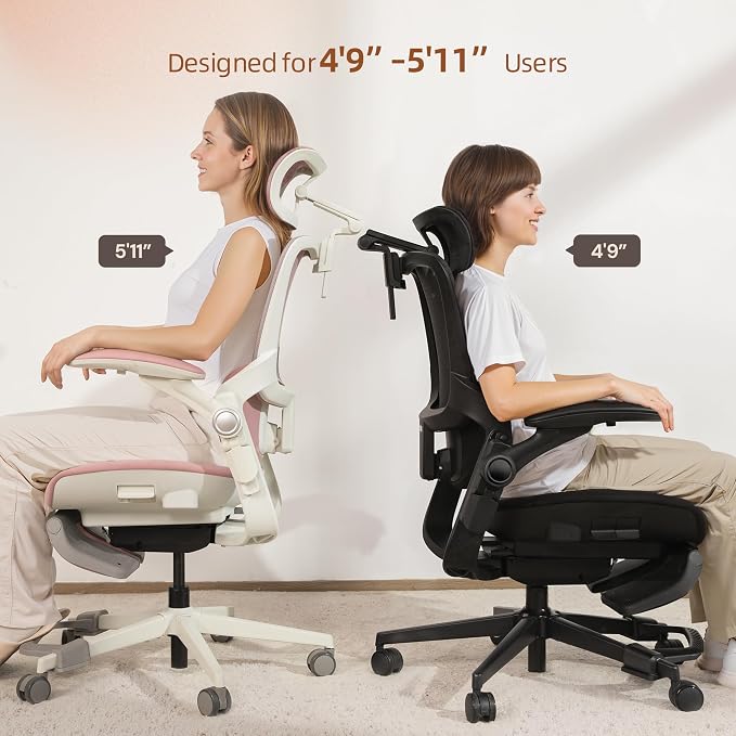 CabLady S2 Petite Office Chair for Women & Small Frames | 330lb Capacity, 4D Adjustable Lumbar/ Headrest, Flip-Up Arms & Footrest, Ergonomic Desk Chair