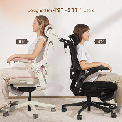 CabLady S2 Petite Office Chair for Women & Small Frames | 330lb Capacity, 4D Adjustable Lumbar/ Headrest, Flip-Up Arms & Footrest, Ergonomic Desk Chair