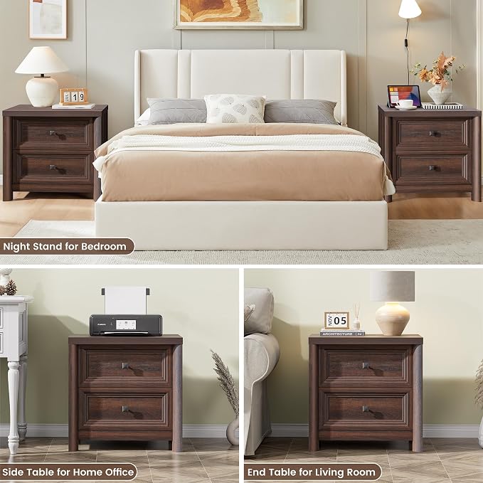 Standifurno Walnut Night Stand with Drawers, Rustic Washed Walnut Nightstand, Farmhouse Bed Side Table for Bedroom, Bedside End Table for Living Room, Bedroom Furniture, Large Storage Wood Nightstand