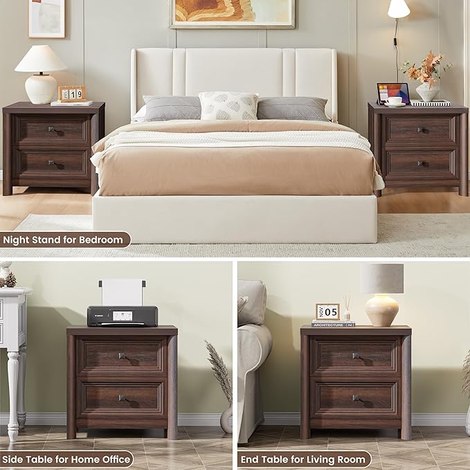 Farmhouse Walnut Night Stands Set of 2, Bedside Tables Nightstands with 2 Drawers Storage, 22.8" Large Rustic Wood Night Stand, Bed Side Table for Bedroom Living Room Sofa Couch Office