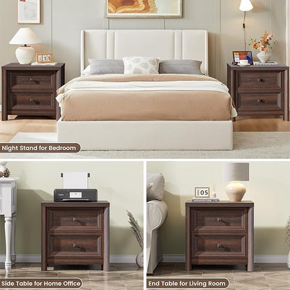Farmhouse Walnut Night Stands Set of 2, Bedside Tables Nightstands with 2 Drawers Storage, 22.8" Large Rustic Wood Night Stand, Bed Side Table for Bedroom Living Room Sofa Couch Office