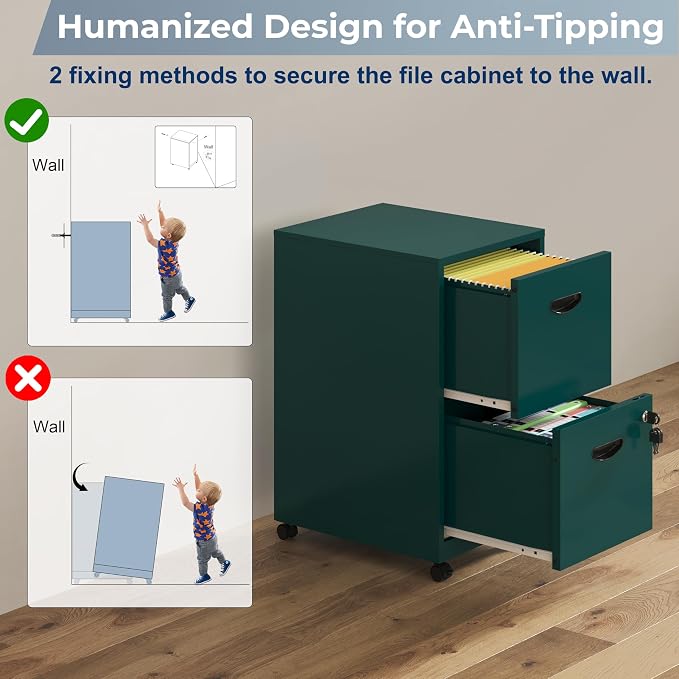 UNICOLY 2 Drawer File Cabinet with Lock, Filing Cabinets with Wheels, Rolling File Cabinets for Home Office, Metal Office File Cabinet, Mobile Filing Cabinet for Holding Letters and File Boxes, Green
