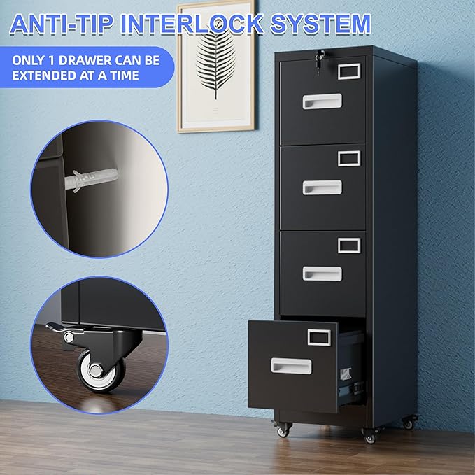 Aobabo 4 Drawer Metal File Cabinet with Lock and Wheels,Black | 15.7"D x 17.7"W x 53.2"H metal filing cabinet for letter/legal files and small office storage.