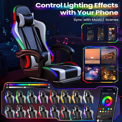 Homall Gaming Chair, Video Game Chair with Footrest and Massage Lumbar Support, Ergonomic Computer Chair Height Adjustable with Swivel Seat and Headrest (RGB Lvory)