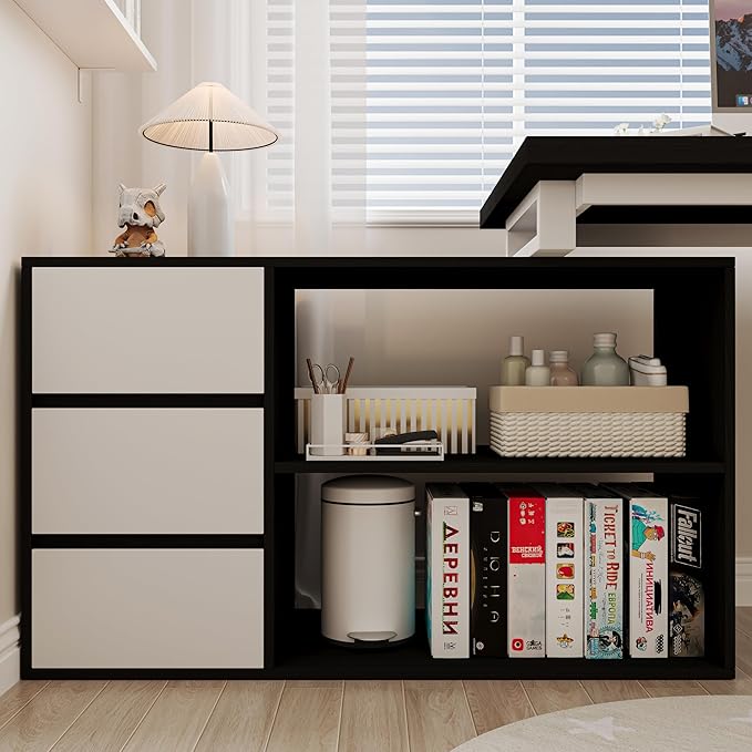 Bobve L Shaped Computer Desk, 47 Inch Home Office Desk with File Drawers & Storage Shelves, Small Corner Computer Desk for Small Space (White+Black)