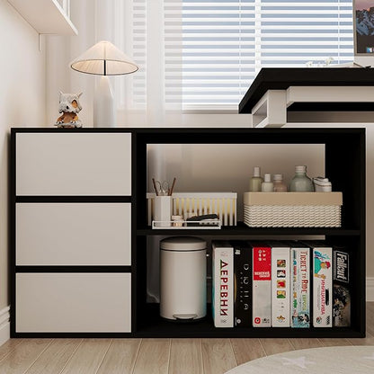 Bobve L Shaped Computer Desk, 47 Inch Home Office Desk with File Drawers & Storage Shelves, Small Corner Computer Desk for Small Space (White+Black)
