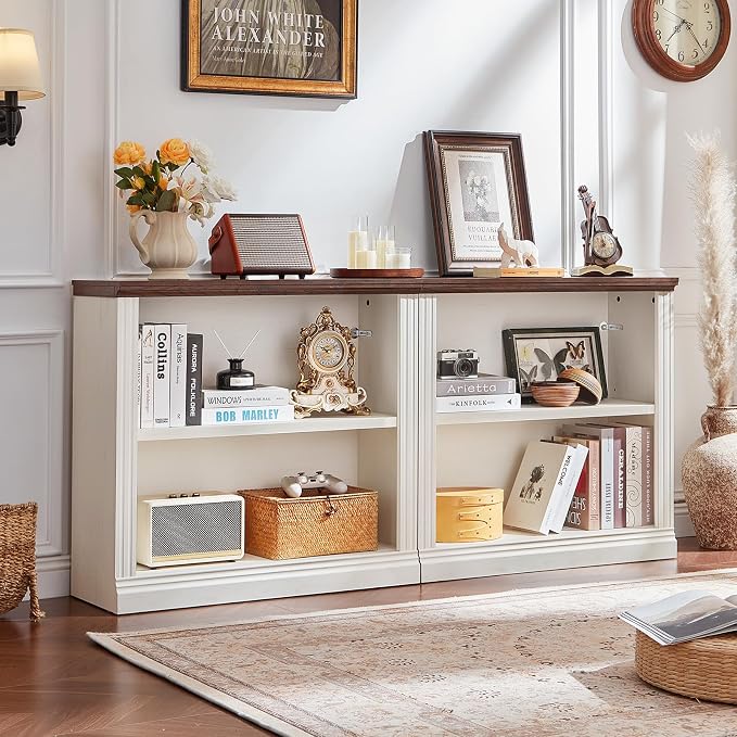RWYHG 30" White Bookshelf,2-Tier Thick Wooden Book Shelf with Adjustable Shelves,Free Standing Farmhouse Bookcase with Open Display Storage,Floor Vintage Bookshelves for Living Room,Office