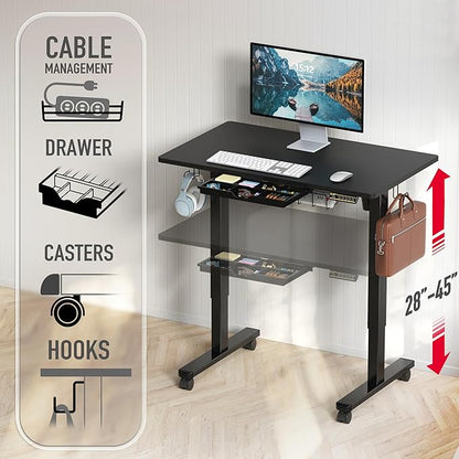 SHW 40-Inch Mobile Electric Height Adjustable Sit to Stand Desk with Drawer, Hanging Hooks and Cable Management, Black