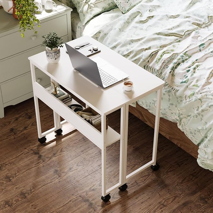 24.8" Folding Rolling Desk with Storage Shelf, Small Foldable Computer Table on Wheels for Home Office & Small Spaces, Portable Workstation with Brakes, White