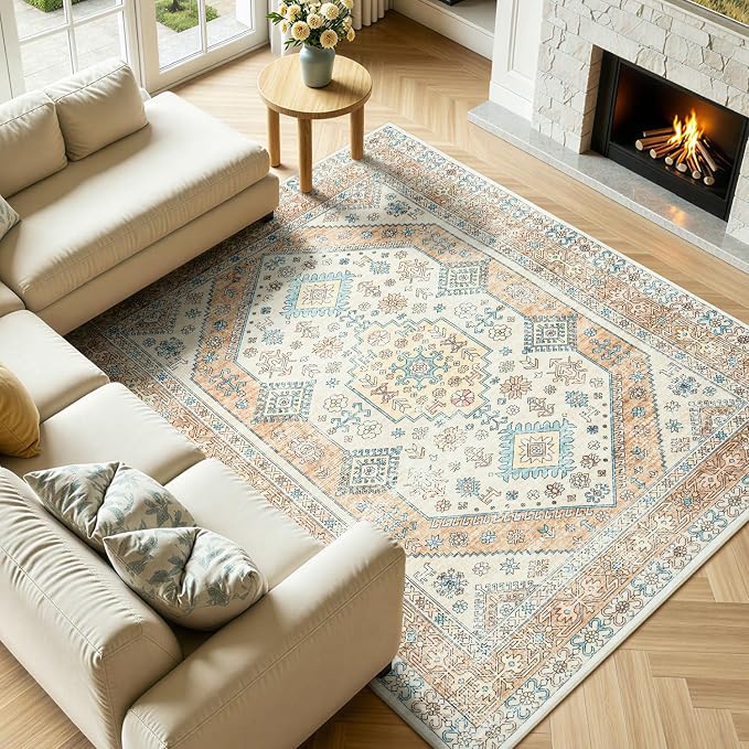 Lofus Vintage Living Room Rugs 5x7, Soft Machine Washable Area Rug for Bedroom Indoor Floor Home Office House Decor, Oriental Traditional Distressed Farmhouse Carpet, Boho Beige and Orange