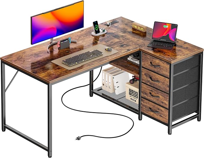 PRAISUN 43.3" Small Computer Desk with Power Outlets & USB-C Port, Reversible L Shaped Corner Office Desk with 4 Fabric Drawers and 2 Adjustable Storage Shelves, for Gaming Writing, Rustic Brown