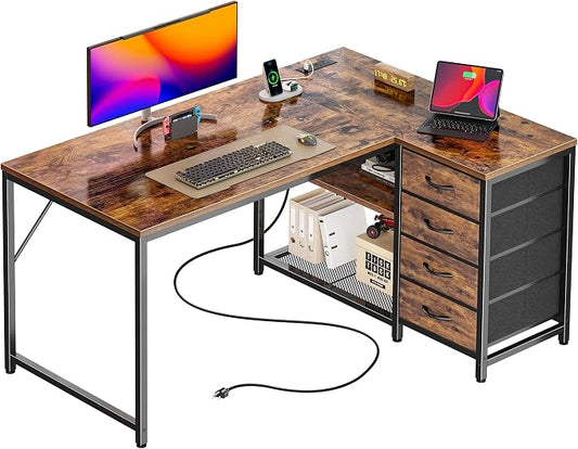 PRAISUN 43.3" Small Computer Desk with Power Outlets & USB-C Port, Reversible L Shaped Corner Office Desk with 4 Fabric Drawers and 2 Adjustable Storage Shelves, for Gaming Writing, Rustic Brown