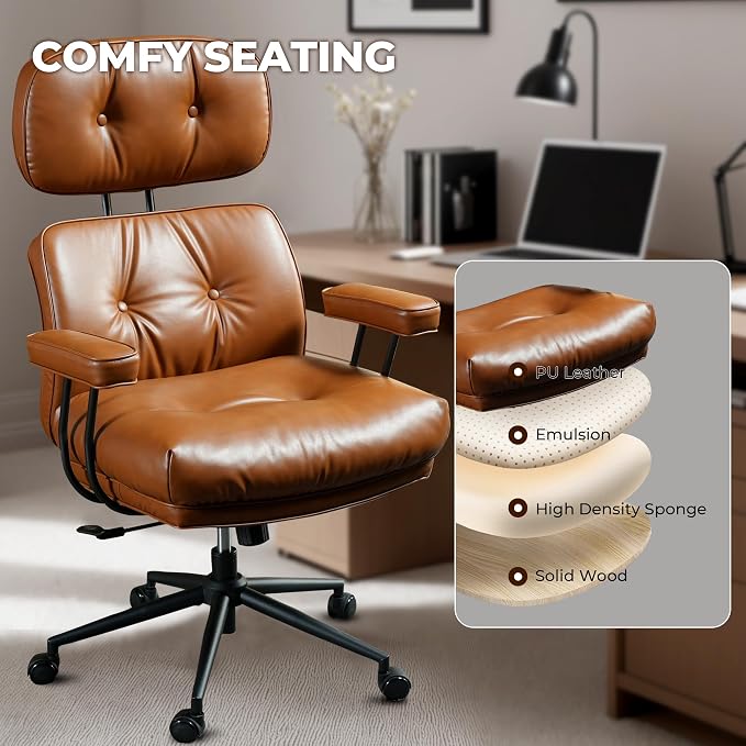 Home Office Chair,Ergonomic Computer Chair with Lumbar Support Adjustable Height,Mid-Century Modern Office Chair with Rolling Swivel Chair for Home Office Game Study(PU Leather Chair,Brown)