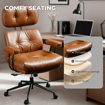 Home Office Chair,Ergonomic Computer Chair with Lumbar Support Adjustable Height,Mid-Century Modern Office Chair with Rolling Swivel Chair for Home Office Game Study(PU Leather Chair,Brown)