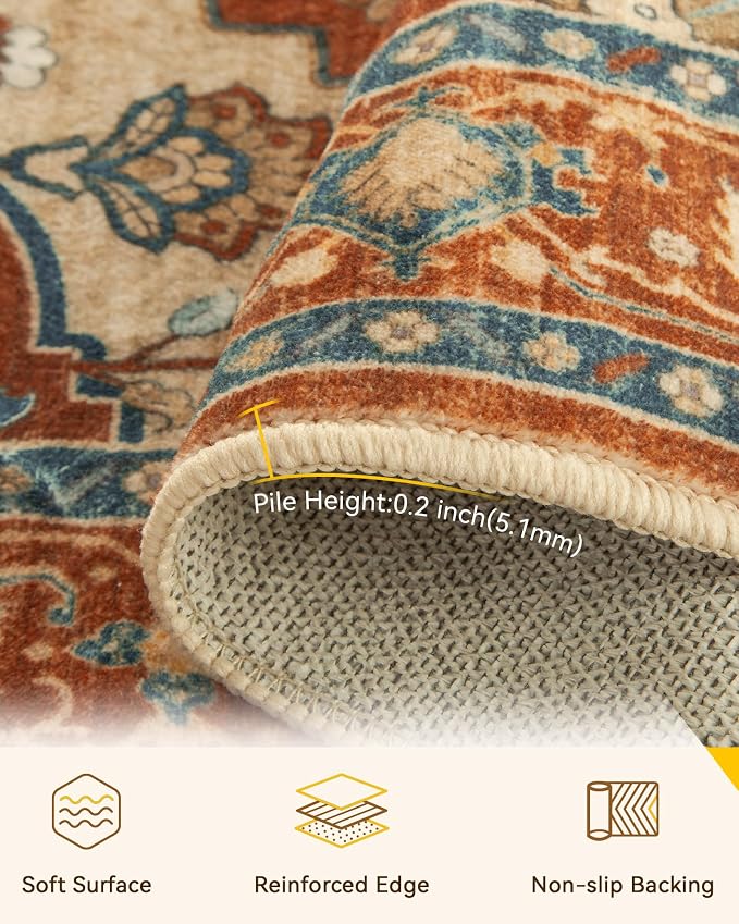 RELEANY Area Rugs Round 6ft Washable Non-Slip, Floral Vintage Distress Medallion Carpet for Living Room Bedroom Dining Room, Red Orange Blue Brown