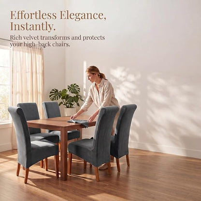Deisy Dee Stretch XL/Oversized Extra Large Velvet Dining Room Chair Covers for Kitchen Dining，Removable Washable Chair Protectors Slipcovers (Grey, 4)