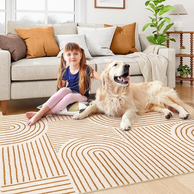 Lahome Abstract Bedroom Rugs, Soft Washable Area Rugs 4x6 Non Slip Rainbow, Ultra-Thin Orange Throw Carpet for Entryway Kitchen Living Room Darrell, Orange