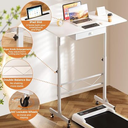 GTPLAYER Small Standing Desk Adjustable Height Small Computer Desk Mobile Portable Rolling Laptop Table with Wheels 32" Computer Workstation Sit Stand Desks Portable Standing Table Treadmill desks