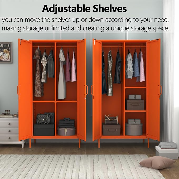 Metal Storage Wardrobe Cabinet with Lock, 67" Armoire Storage Cabinets Locker with Shelves and Hanging Rod, Steel Freestanding Metal Locker for Home Bedroom Orange 67" H X 31.5" W X 18.1" D