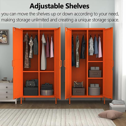 Metal Storage Wardrobe Cabinet with Lock, 67" Armoire Storage Cabinets Locker with Shelves and Hanging Rod, Steel Freestanding Metal Locker for Home Bedroom Orange 67" H X 31.5" W X 18.1" D