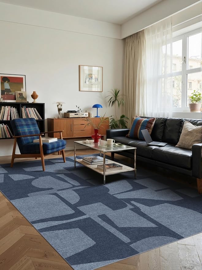 Latte&Fog 5x7 Area Rugs for Living Room Bedroom, Modern Abstract Washable Rug, Boho Non Slip Low Pile Carpet for Indoor Dining Room, Dorm, Classroom, College Dorm, Farmhouse and Kids Room - Navy Blue