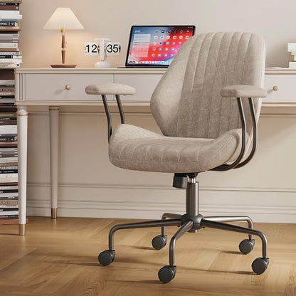 Mid Back Home Office Chair, Mid Century Modern Executive Chair, Comfy Ergonomic Rolling Office Desk Chair with Lumbar Support, Faux Leather Office Chair, Beige