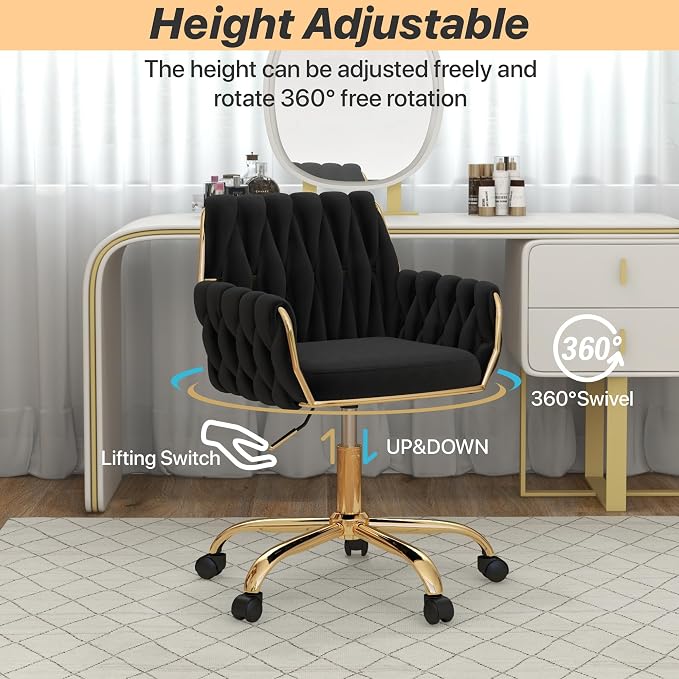 Velvet Modern Home Office Vanity Chair, 360° Swivel Adjustable Height Makeup Desk Chair with Golden Base and Hand Woven Backrest for Bedroom/Study/Vanity (Black)