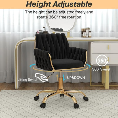 Velvet Modern Home Office Vanity Chair, 360° Swivel Adjustable Height Makeup Desk Chair with Golden Base and Hand Woven Backrest for Bedroom/Study/Vanity (Black)