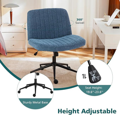 OLIXIS Criss Cross Chair with Wheels Wide Cross Legged Office Desk Vanity Chair Comfy Fabric Armless Height Adjustable Swivel for Home Computer Task Blue