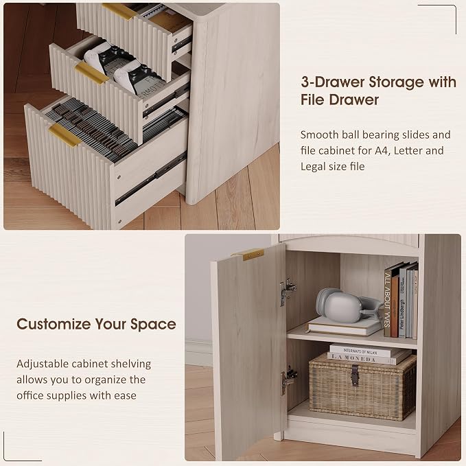Whalefall 63'' Fluted L Shaped Desk with Drawers, White Alder | Corner Computer Desk with Charging Station, Modern Executive Home Office L Desk with File Cabinet Storage