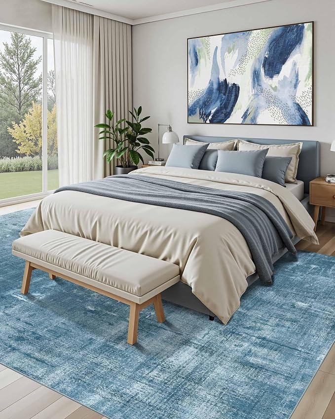 Latte&Fog 9x12 Area Rug for Living Room, Extra Large Blue Modern Abstract Washable Rugs, Boho Non Slip Low Pile Carpet for Indoor Bedroom Dining Room, Office, Dorm, Classroom and Farmhouse - Blue