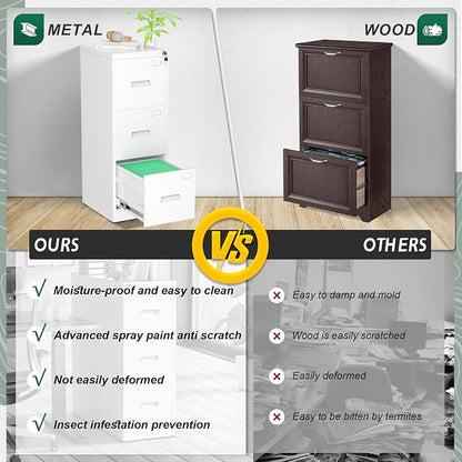 Superday 3 Drawer File Cabinets, 18” D Vertical File Cabinet with Lock, Locking Filing Cabinet for Home Office, White Metal Filing Cabinets for Hanging Letter/Legal Folders, Easy Assemble