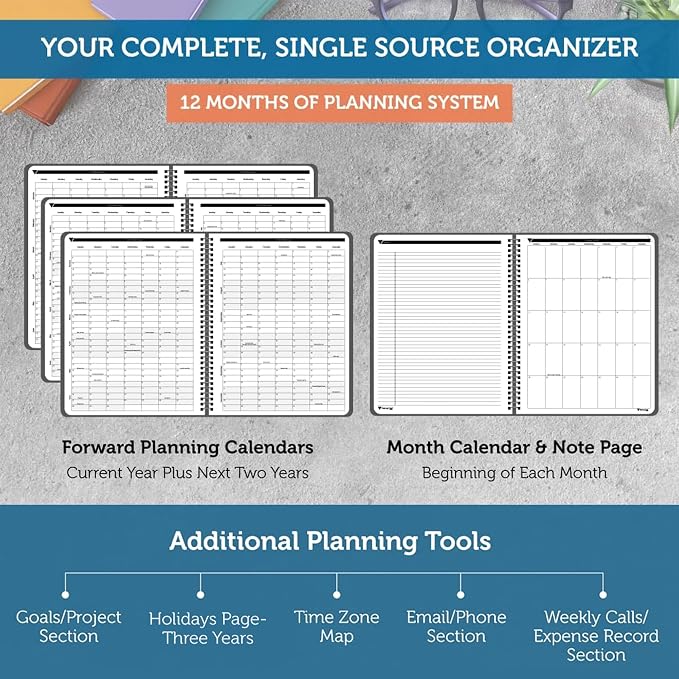 Planner Pad Spiral Bound 3-Tier Funnel Down 12 Month Organizer, October 2026 – September 2027, Black Cover/Black Ink, 8 1/2" x 11"