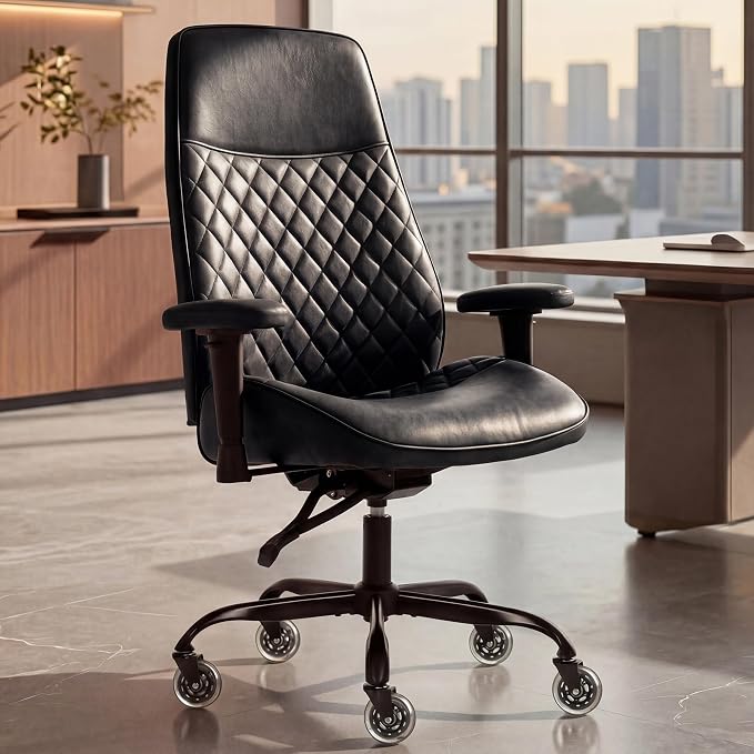 NEO CHAIR Ergonomic Leather Office Desk Chair with Adjustable Height Armrests High Back Lumbar Support Swivel Executive Computer Chair with Wheels Comfy Home Office Chair for Adults (Black)