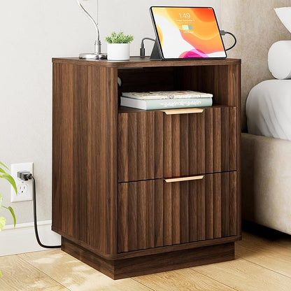 Fluted Nightstand, Walnut Night Stand, 2 Drawers Nightstand with Charging Station, Wooden End Table with Storage, Modern Bedside Table for Bedroom Sofa Home Office, Curved Corners Design